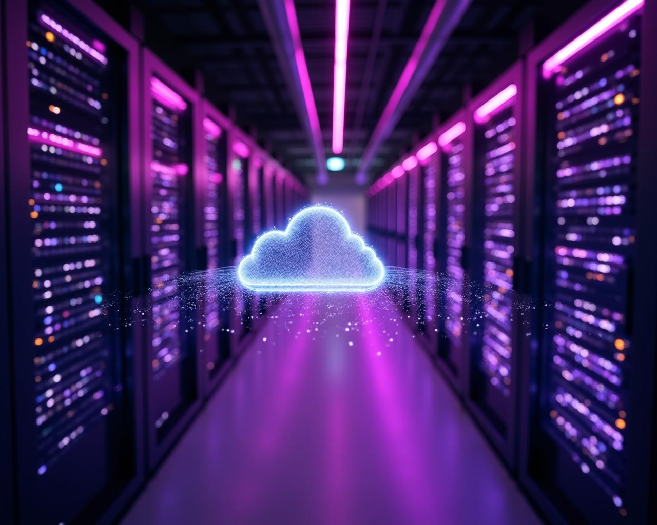Advanced cloud server room with digital overlays